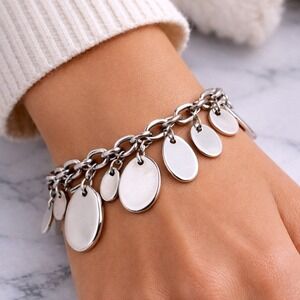 Chaps Silver-Tone Multi Oval Statement Charms Chain Bracelet - New With Tags